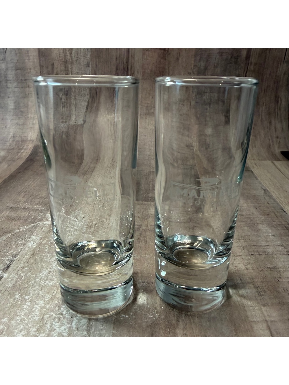 Set of 2 Martell Cognac Etched Shot Glasses 4" Tall Shooter